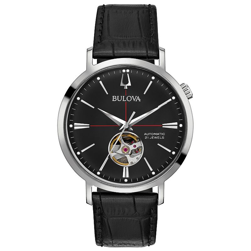 Bulova Men's Automatic Black Leather Watch - 96A201, Size: Large