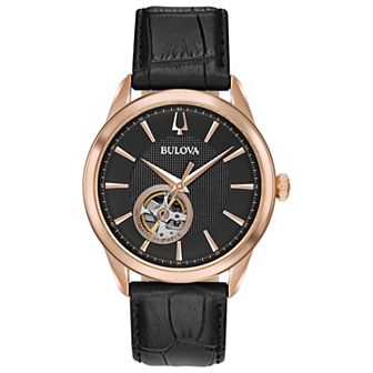 Bulova Men's Automatic Black Leather Watch - 97A140