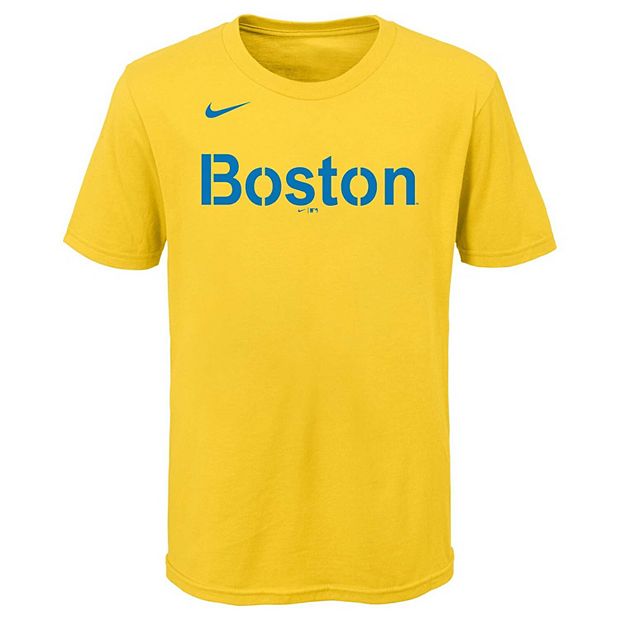 Youth Nike Gold/Light Blue Boston Red Sox 2021 City Connect Wordmark T-Shirt
