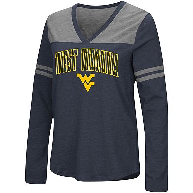 Women's Colosseum Navy West Virginia Mountaineers Core Heritage Arch Logo V-Neck Long Sleeve T-Shirt