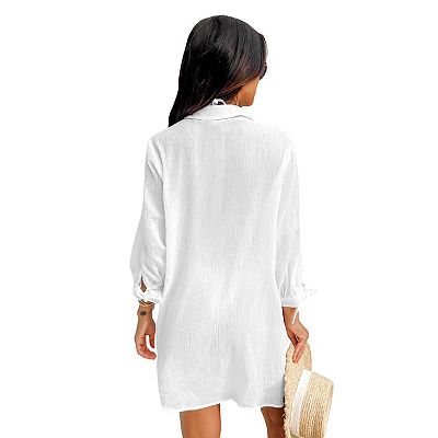 Cupshe Seersucker Tie Cuff Cover-Up Dress - White - S