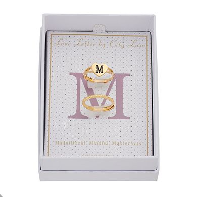 City Luxe Heart Initial & Textured Band Ring Set