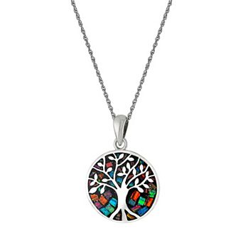 Athra NJ Inc Sterling Silver Simulated Opal Tree of Life Medallion Pendant Necklace
