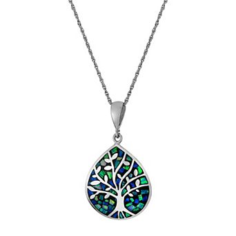 Athra NJ Inc Sterling Silver Simulated Opal Tree of Life Teardrop Pendant Necklace