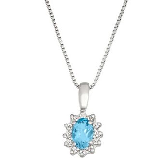 HDI Sterling Silver Oval Blue Topaz & White Topaz Necklace