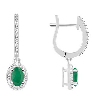 Celebration Gems Sterling Silver Oval-Cut Emerald & 1/3 Carat T.W. Diamond Hoop Drop Earrings