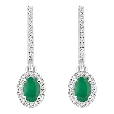 Celebration Gems Sterling Silver Oval-Cut Emerald & 1/3 Carat T.W. Diamond Hoop Drop Earrings