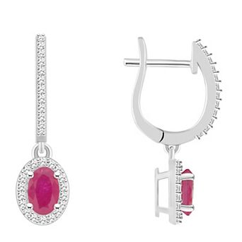 Celebration Gems Sterling Silver Oval-Cut Ruby & 1/3 Carat T.W. Diamond Hoop Drop Earrings