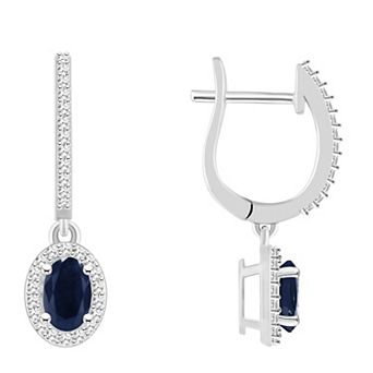 Celebration Gems Sterling Silver Oval-Cut Sapphire & 1/3 Carat T.W. Diamond Hoop Drop Earrings