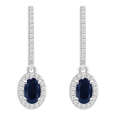 Celebration Gems Sterling Silver Oval-Cut Sapphire & 1/3 Carat T.W. Diamond Hoop Drop Earrings