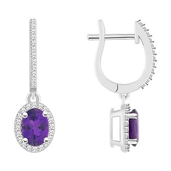 Celebration Gems Sterling Silver Oval-Cut Amethyst & 1/3 Carat T.W. Diamond Hoop Drop Earrings