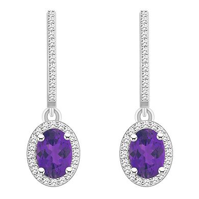 Celebration Gems Sterling Silver Oval-Cut Amethyst & 1/3 Carat T.W. Diamond Hoop Drop Earrings