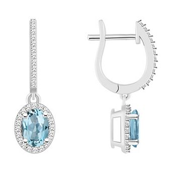 Celebration Gems Sterling Silver Oval-Cut Aquamarine & 1/3 Carat T.W. Diamond Hoop Drop Earrings