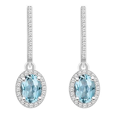 Celebration Gems Sterling Silver Oval-Cut Aquamarine & 1/3 Carat T.W. Diamond Hoop Drop Earrings
