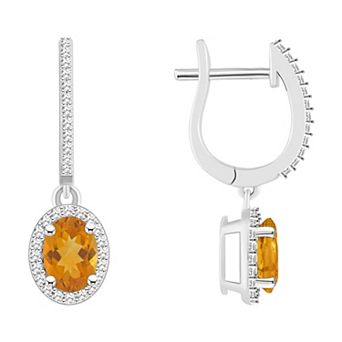 Celebration Gems Sterling Silver Oval-Cut Citrine & 1/3 Carat T.W. Diamond Hoop Drop Earrings