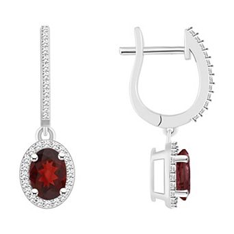 Celebration Gems Sterling Silver Oval-Cut Garnet & 1/3 Carat T.W. Diamond Hoop Drop Earrings
