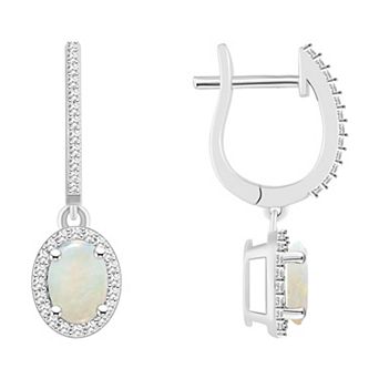 Celebration Gems Sterling Silver Oval-Cut Opal & 1/3 Carat T.W. Diamond Hoop Drop Earrings