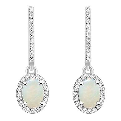 Celebration Gems Sterling Silver Oval-Cut Opal & 1/3 Carat T.W. Diamond Hoop Drop Earrings