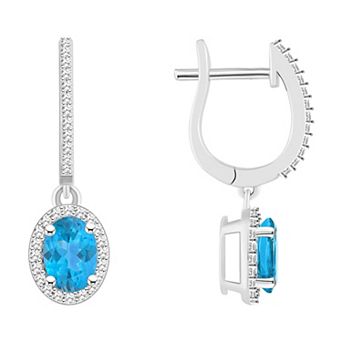 Celebration Gems Sterling Silver Oval-Cut Blue Topaz & 1/3 Carat T.W. Diamond Hoop Drop Earrings