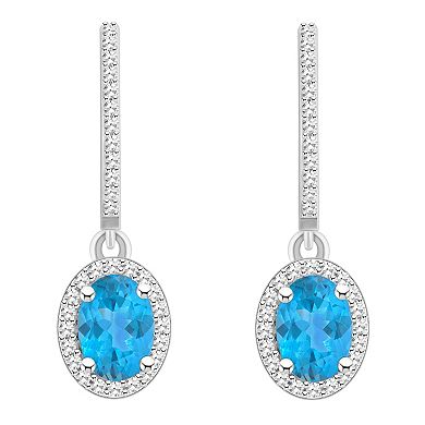 Celebration Gems Sterling Silver Oval-Cut Blue Topaz & 1/3 Carat T.W. Diamond Hoop Drop Earrings