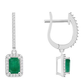 Celebration Gems Sterling Silver Emerald-Cut Emerald & 1/3 Carat T.W. Diamond Hoop Drop Earrings