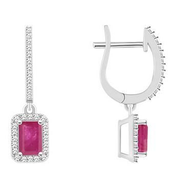 Celebration Gems Sterling Silver Emerald-Cut Ruby & 1/3 Carat T.W. Diamond Hoop Drop Earrings
