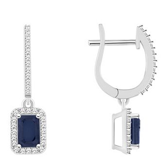 Celebration Gems Sterling Silver Emerald-Cut Sapphire & 1/3 Carat T.W. Diamond Hoop Drop Earrings