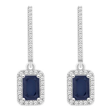 Celebration Gems Sterling Silver Emerald-Cut Sapphire & 1/3 Carat T.W. Diamond Hoop Drop Earrings