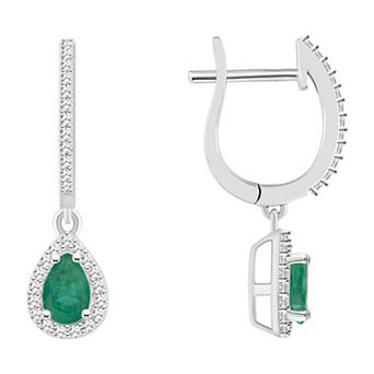 Celebration Gems Sterling Silver Teardrop Emerald & 1/3 Carat T.W. Diamond Hoop Drop Earrings