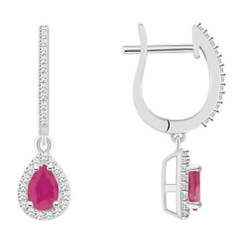Celebration Gems Sterling Silver Teardrop Ruby & 1/3 Carat T.W. Diamond Hoop Drop Earrings