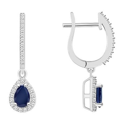 Celebration Gems Sterling Silver Teardrop Sapphire 1 3 Carat T.W. Diamond Hoop Drop Earrings