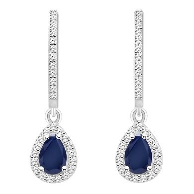 Celebration Gems Sterling Silver Teardrop Sapphire & 1/3 Carat T.W. Diamond Hoop Drop Earrings