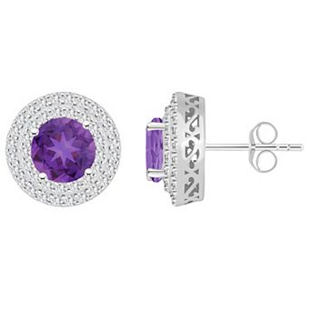 Celebration Gems Sterling Silver Round-Cut Amethyst & White Topaz Double Halo Stud Earrings