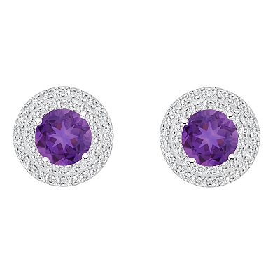 Celebration Gems Sterling Silver Round-Cut Amethyst & White Topaz Double Halo Stud Earrings