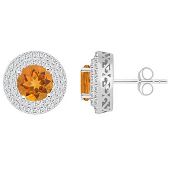 Celebration Gems Sterling Silver Round-Cut Citrine & White Topaz Double Halo Stud Earrings