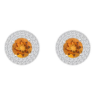 Celebration Gems Sterling Silver Round-Cut Citrine & White Topaz Double Halo Stud Earrings