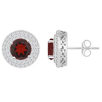 Celebration Gems Sterling Silver Round-Cut Garnet & White Topaz Double Halo Stud Earrings