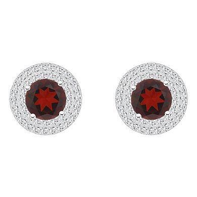 Celebration Gems Sterling Silver Round-Cut Garnet & White Topaz Double Halo Stud Earrings