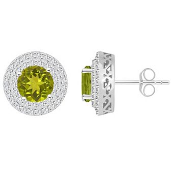 Celebration Gems Sterling Silver Round-Cut Peridot & White Topaz Double Halo Stud Earrings