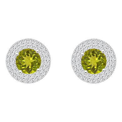Celebration Gems Sterling Silver Round-Cut Peridot & White Topaz Double Halo Stud Earrings