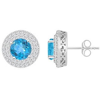Celebration Gems Sterling Silver Round-Cut Swiss Blue Topaz & White Topaz Double Halo Stud Earrings