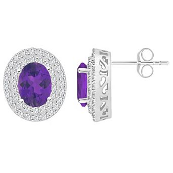 Celebration Gems Sterling Silver Oval-Cut Amethyst & White Topaz Double Halo Stud Earrings