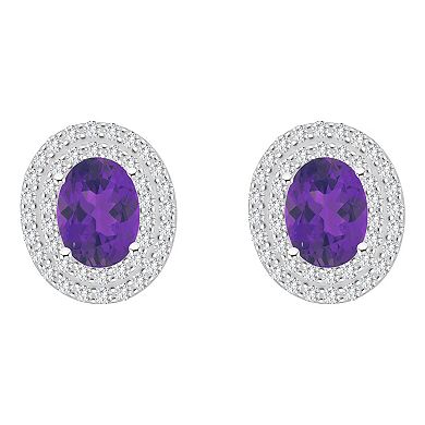 Celebration Gems Sterling Silver Oval-Cut Amethyst & White Topaz Double Halo Stud Earrings