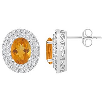 Celebration Gems Sterling Silver Oval-Cut Citrine & White Topaz Double Halo Stud Earrings