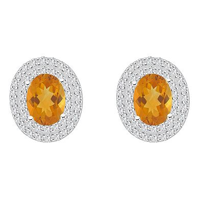 Celebration Gems Sterling Silver Oval-Cut Citrine & White Topaz Double Halo Stud Earrings