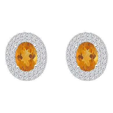 Celebration Gems Sterling Silver Oval-Cut Citrine & White Topaz Double Halo Stud Earrings