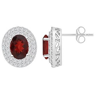 Celebration Gems Sterling Silver Oval-Cut Garnet & White Topaz Double Halo Stud Earrings