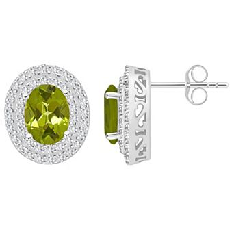 Celebration Gems Sterling Silver Oval-Cut Peridot & White Topaz Double Halo Stud Earrings