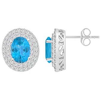 Celebration Gems Sterling Silver Oval-Cut Swiss Blue Topaz & White Topaz Double Halo Stud Earrings