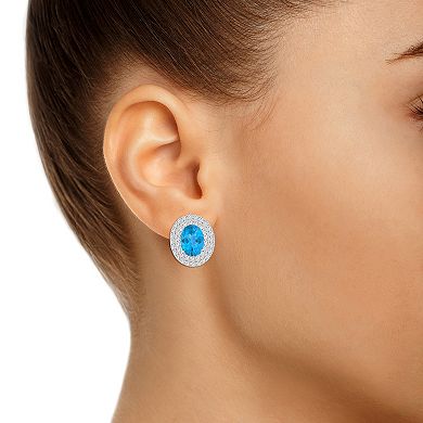 Celebration Gems Sterling Silver Oval-Cut Swiss Blue Topaz & White Topaz Double Halo Stud Earrings